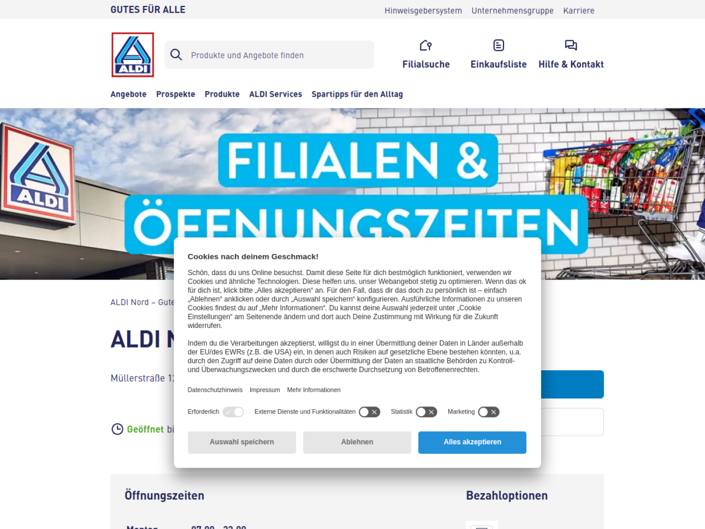 Website-Screenshot von Aldi Nord