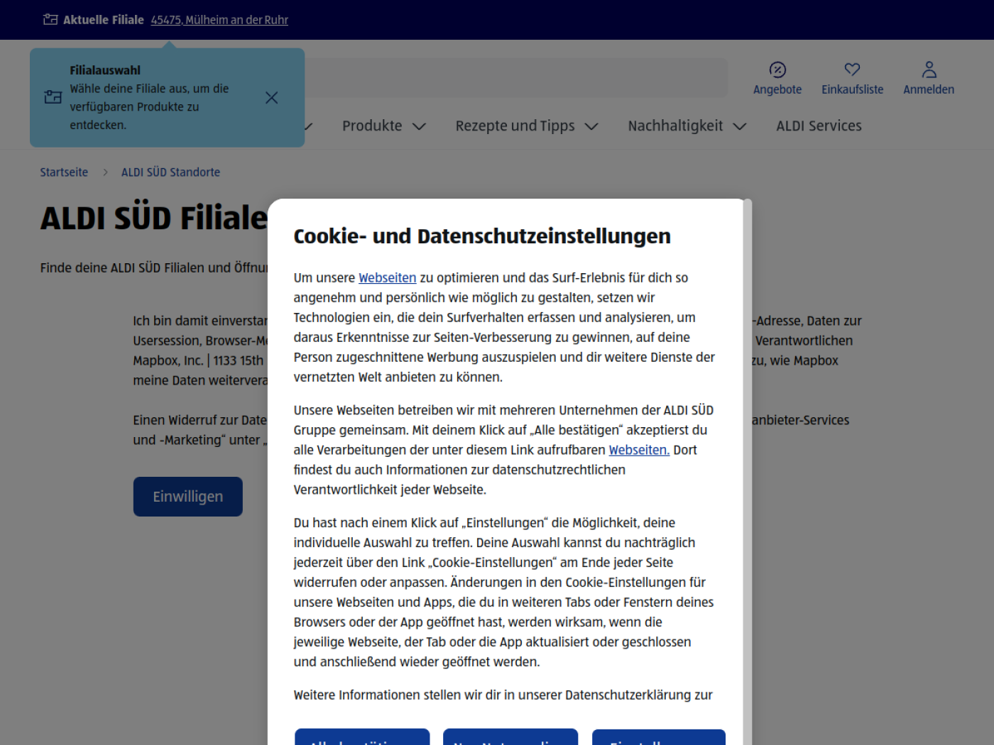 Website-Screenshot von ALDI Süd