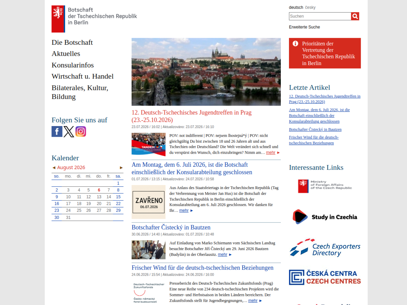 Website-Screenshot von Botschaft der Tschechischen Republik