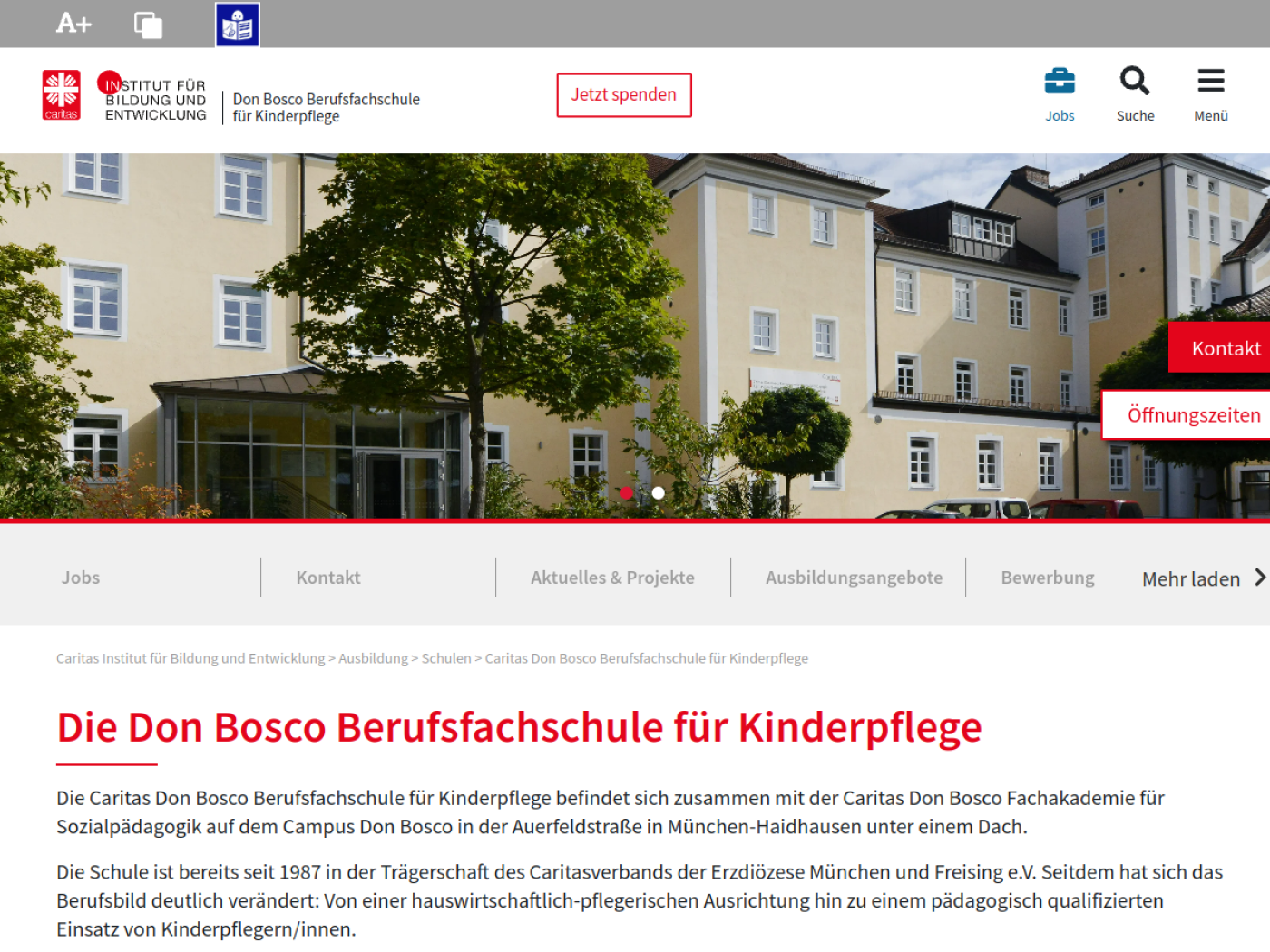 Website-Screenshot von Caritas Don Bosco Schulen für Kinderpflege