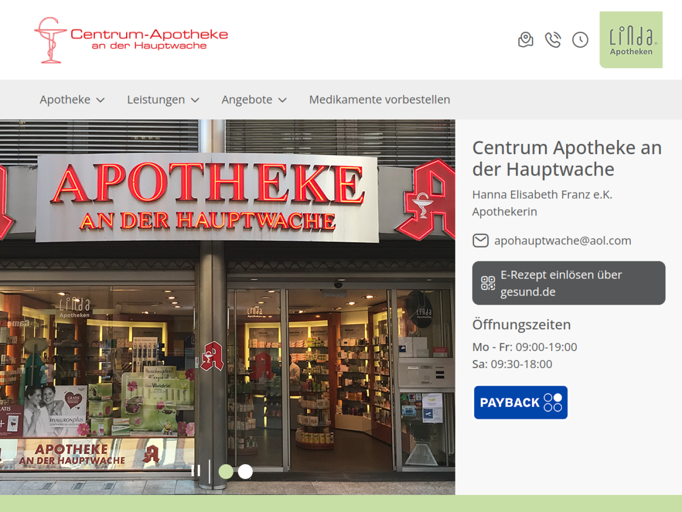 Website-Screenshot von Centrum-Apotheke an der Hauptwache