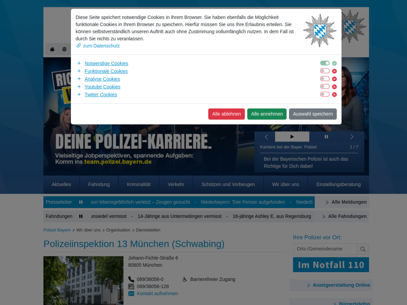 Website-Screenshot von Polizeiinspektion München 13 (Schwabing)