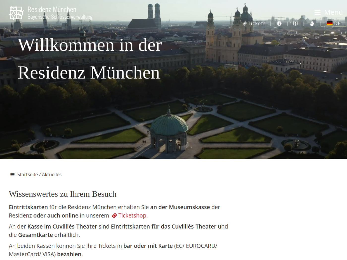 Website-Screenshot von Residenzmuseum und Schatzkammer