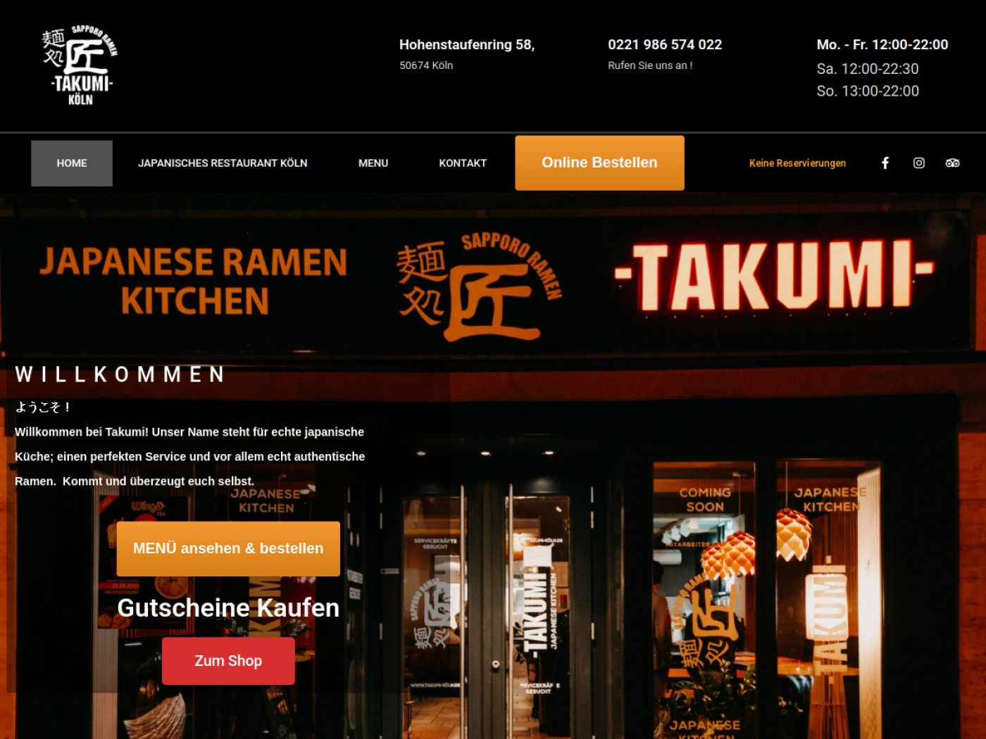 Website-Screenshot von Takumi Chicken & Vegan