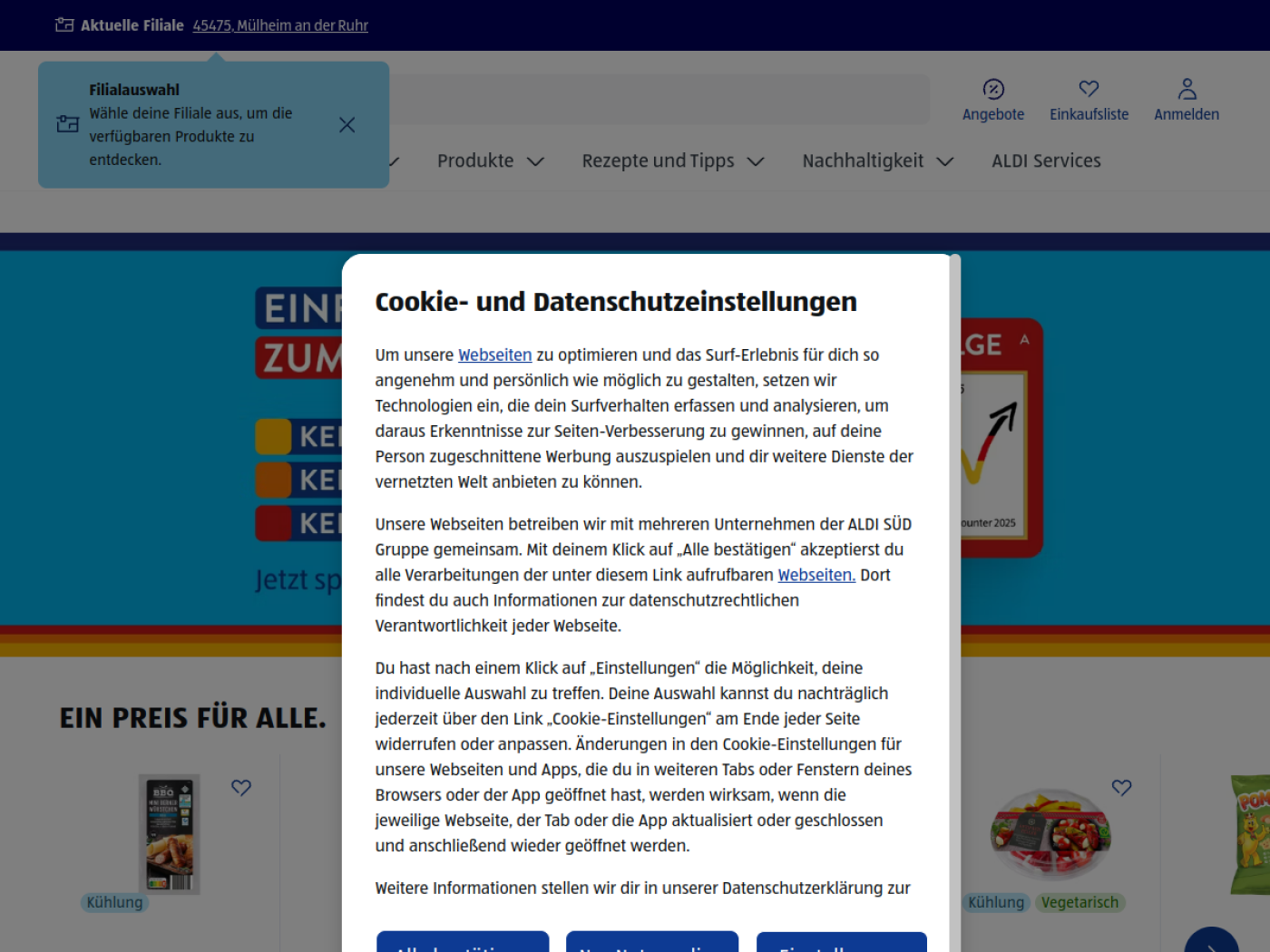 Website-Screenshot von Aldi Süd