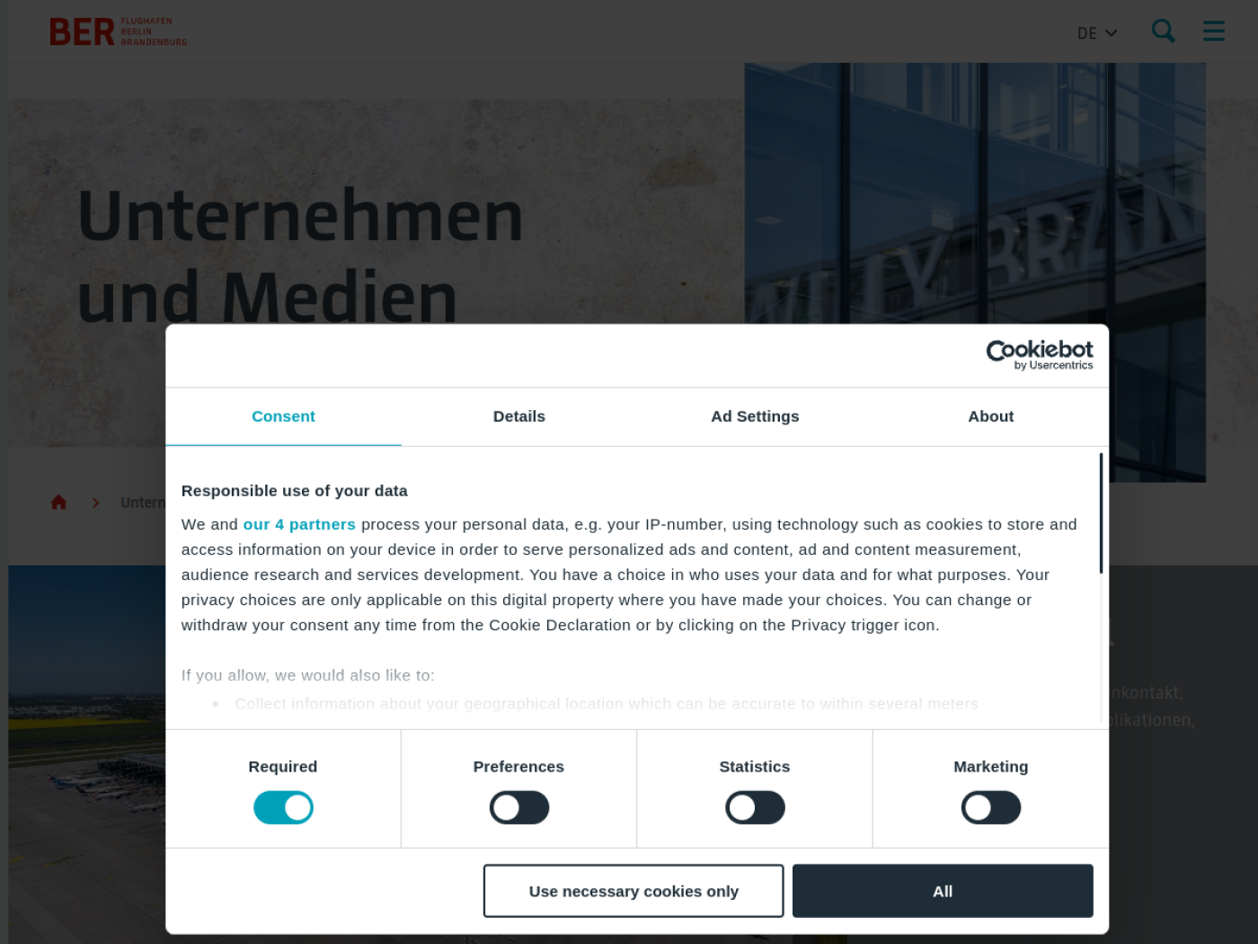 Website-Screenshot von Flughafen Berlin Brandenburg GmbH