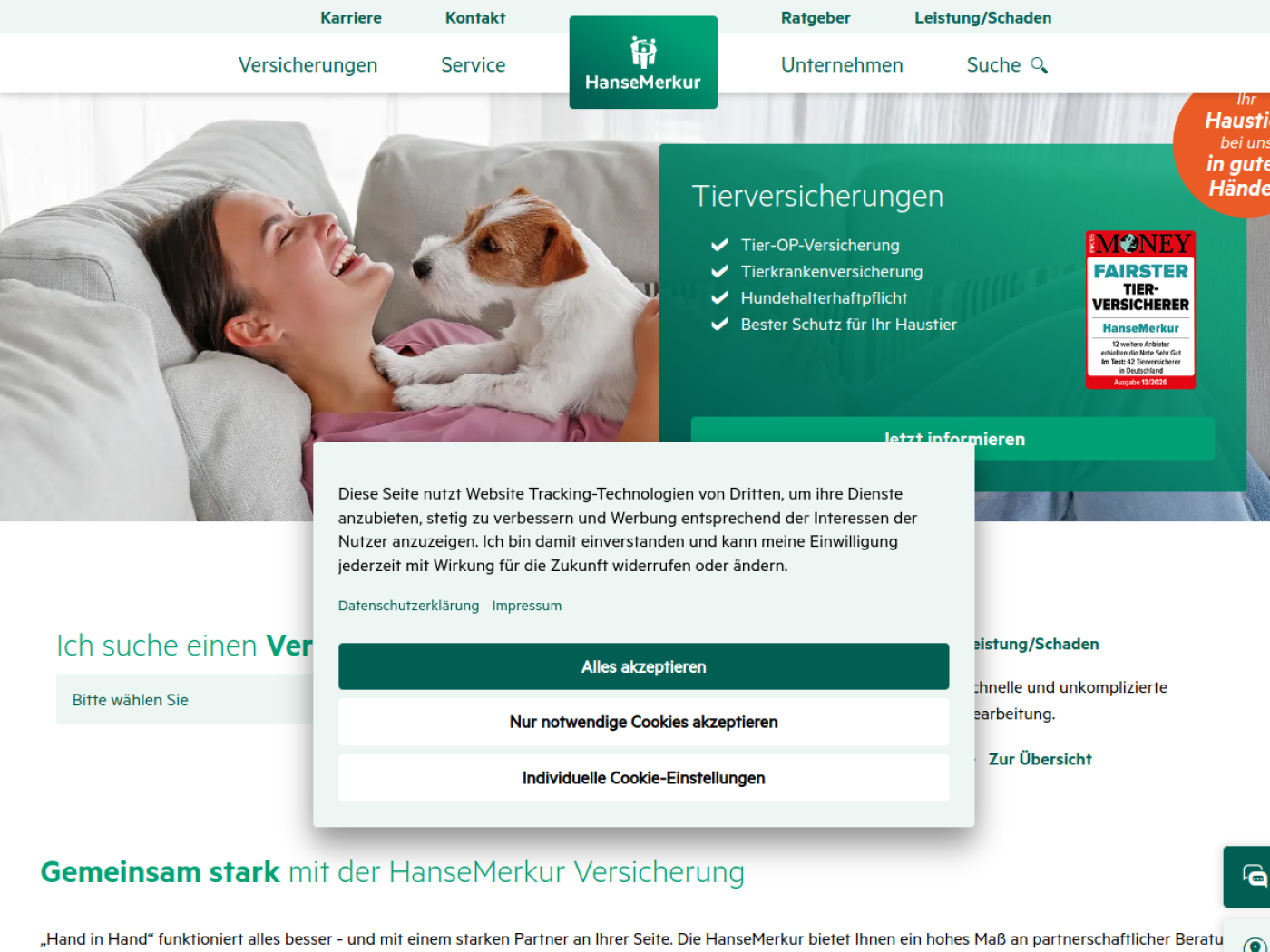 Website-Screenshot von HanseMerkur Versicherungsgruppe