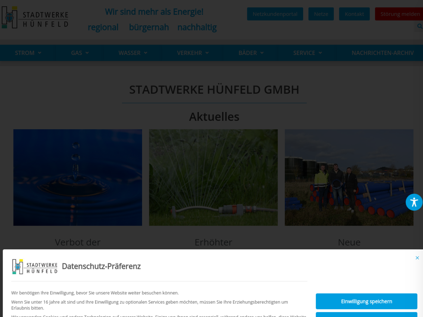 Website-Screenshot von Stadtwerke Hünfeld